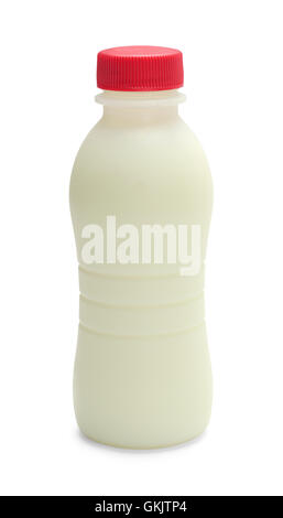 Glass bottle of milk with red cap isolated on a white background. Side View. Stock Photo