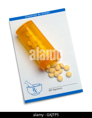 Prescription with Open Bottle of Pills Isolated on White Background. Stock Photo
