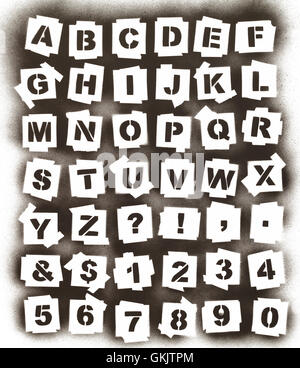 Black Spary Painted Alphabet ABC Stencil Isolated on White Background. Stock Photo