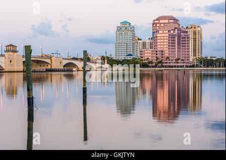 View at dawn from Palm Beach of Phillips Point and Royal Park Bridge in West Palm Beach, Florida. Stock Photo