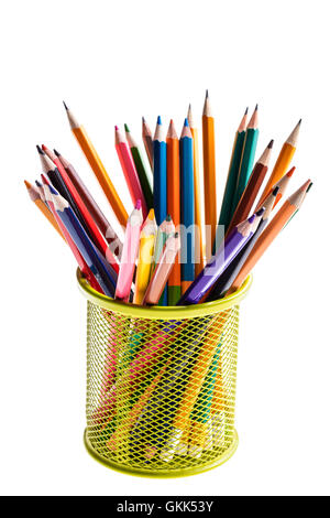 basket with colored pencils on white background Stock Photo