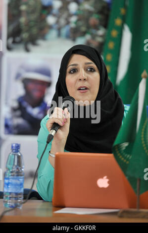 AMISOM's Woman & Child Protection Office, Kaoutar Kaddouri, delivers a speech during a meeting for Female peacekeepers held on 1st July 2014 in Mogadishu, Somalia. AMISOM Photo / David Mutua Stock Photo