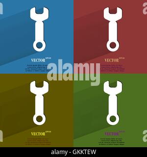 Color set Wrench. tool to work. Flat modern web button with long shadow and space for your text. Stock Vector