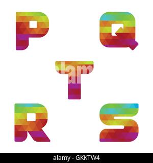 Colorful alphabet. Serie of letters formed by geometric shapes, triangles. White background. Isolated. Letter p, q, r, s, t. Stock Vector