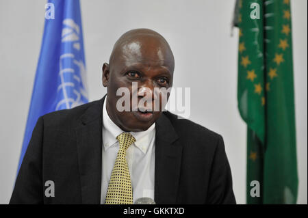 The Deputy Special Representative of the United Nations Secretary-General (DSRSG) for Somalia, Raisedon Zenenga speaks during a workshop on Human Rights Due Diligence Policy (HRDDP) held  in Mogadishu on April 26, 2016. AMISOM Photo / Ilyas Ahmed Stock Photo