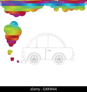 Car skirted by black line and no fill releasing colored smoke from the escape pipe. White background. Stock Vector
