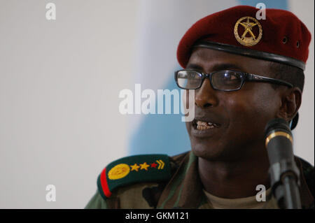 SOMALIA, Mogadishu: In a photgraph released by the African Union-United Nations Information Support Team, new African Union Mission in Somalia (AMISOM) spokesperson Colonel Ali Aden Houmed of the Djiboutian Armed Forces speaks during a press briefing 07 July at the mission's headquarters in the Somali capital Mogadishu. Colonel Ali replaces Lt. Col. Paddy Ankunda who has been AMISOM spokesperson since April 2011, as AMISOM expands its areas of operation outside Mogadishu with new sector headquarters now in Baidoa, Beletweyne and Dhobley. AU-UN IST PHOTO / STUART PRICE. Stock Photo