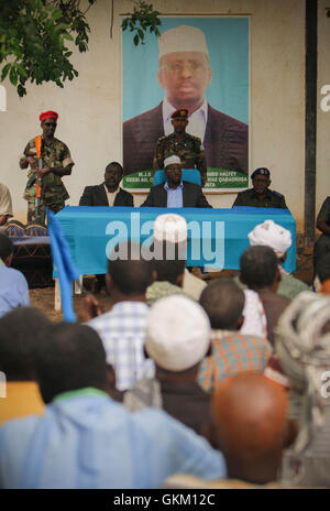 SOMALIA, Balad: In a photograph taken 01 August and released by the African Union-United Nations Information Support team 02 August, Somali President Sheik Sharif Sheik Ahmed meets with traditional elders and leaders of Balad town in Middle Shabelle region approx. 40km north east of the capital Mogadishu. Balad was until recently, under the control of the Al-Qaeda-affliated terrorist group Al Shabaab until an offensive by the Somali National Army (SNA) supported by the African Union Mission in Somalia (AMISOM) forces on 26 June drove out the extremists, liberating the town and its people, and  Stock Photo