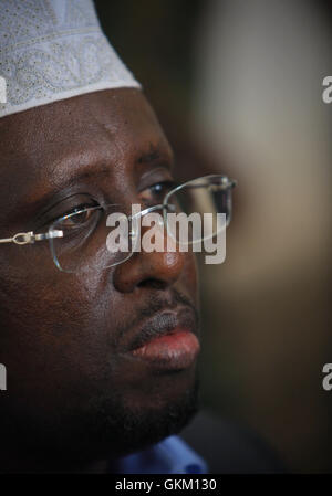 SOMALIA, Balad: In a photograph taken 01 August and released by the African Union-United Nations Information Support team 02 August, Somali President Sheik Sharif Sheik Ahmed listens during a meeting with traditional elders and leaders in Balad town, Middle Shabelle region approx. 40km north east of the capital Mogadishu. Balad was until recently, under the control of the Al-Qaeda-affliated terrorist group Al Shabaab until an offensive by the Somali National Army (SNA) supported by the African Union Mission in Somalia (AMISOM) forces on 26 June drove out the extremists, liberating the town and Stock Photo