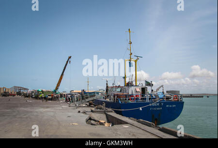 SOMALIA, Kismayo: In a photograph taken 15 July 2013 and released by the African Union-United Nations Information Support Team 22 July, boats are seen moored at at Kismayo seaport in southern Somalia. AU-UN IST PHOTO / RAMADAN MOHAMED HASSAN.