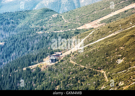 Lift station in Low Tatras mountains. Cable car to the Chopok peak. Valley with coniferous forest. Transition photo filter. Stock Photo