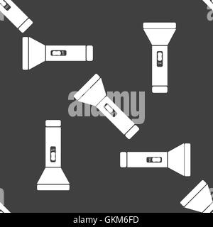 Flashlight web icon. flat design. Seamless gray pattern. Stock Vector