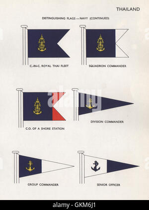 THAILAND NAVY FLAGS. Commander Royal Thai Fleet. Senior officer, print 1958 Stock Photo