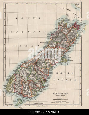 SOUTH ISLAND NEW ZEALAND. Showing counties. Telegraph cables. JOHNSTON 1900 map Stock Photo