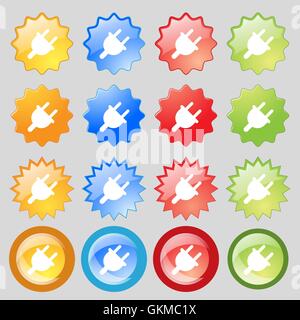 Electric plug, Power energy icon sign. Set from sixteen multi-colored glass buttons with place for text. Vector Stock Vector