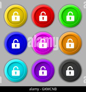 Open Padlock icon sign. symbol on nine round colourful buttons. Vector Stock Vector