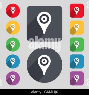 Map pointer, GPS location icon sign. A set of 12 colored buttons and a long shadow. Flat design. Vector Stock Vector