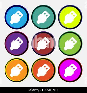 USB icon sign. Nine multi-colored round buttons. Vector Stock Vector