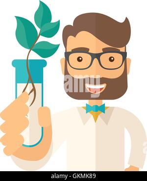 Chemist with tube and eco leaves. Stock Vector