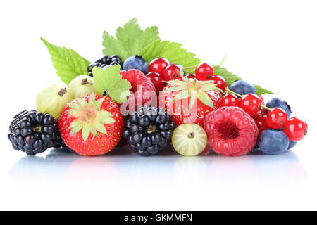 Berries strawberries blueberries berry fresh fruits leaves isolated on a white background Stock Photo