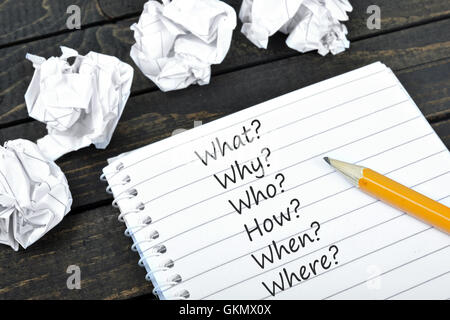 Questions text on notepad and crippled paper Stock Photo