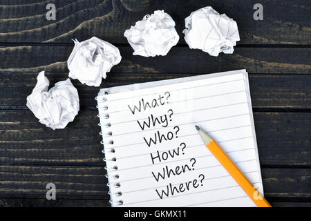 Questions text on notepad and crippled paper Stock Photo