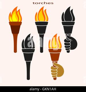 Set of burning torches Stock Vector