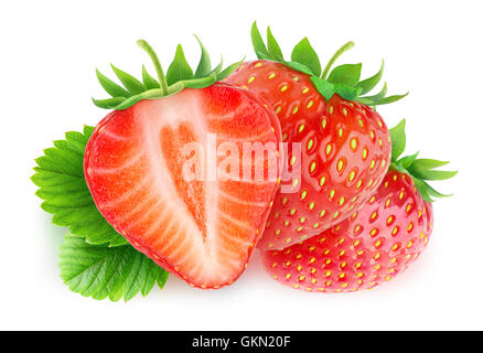 Isolated strawberries. Three cut strawberry fruits isolated on white background with clipping path Stock Photo