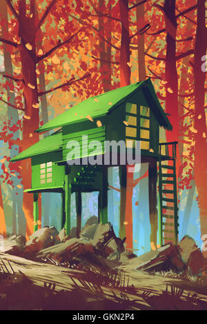 green houses in autumn forest,illustration painting Stock Photo