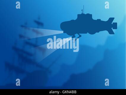 Blurred underwater background with submarine Stock Vector