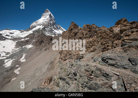 Famous mountain peak Matterhorn above Zermatt town, Switzerland Stock Photo