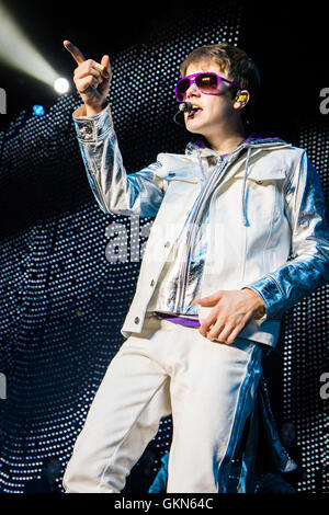 Milan Italy. 09th April 2011. Canadian singer JUSTIN BIEBER performs live on stage at Mediolanum Forum during the 'My World Tour Stock Photo