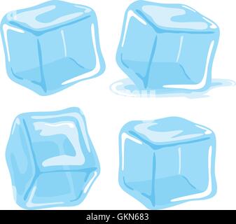 Set of four ice cubes in blue color isolated on white background. Ice cubes and melted ice cubes. Vector illustration set. Stock Vector