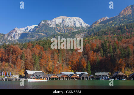 Wooden boathouses along Königssee / Kings lake in autumn, Berchtesgaden National Park, Bavarian Alps, Bavaria, Germany Stock Photo