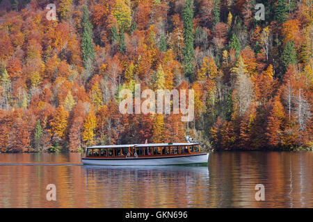 Tourist boat on Königssee / Kings lake in autumn, Berchtesgaden National Park, Bavarian Alps, Bavaria, Germany Stock Photo