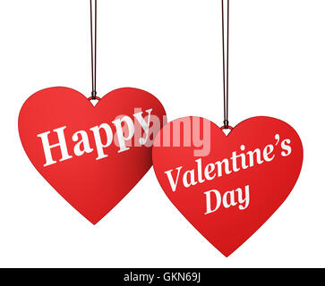 Happy Valentine's Day sign and text on two hanged red heart shaped paper labels isolated on white background. Stock Photo