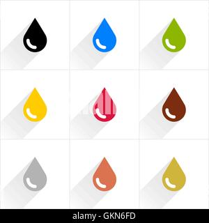 Drop set petroleum, water, eco, oil, blood, chocolate, silver, copper, gold in simple flat style. Flat style Stock Vector