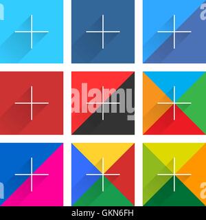 9 popular social network web icon set with plus adding sign long shadow. Square button on white background. Flat style Stock Vector