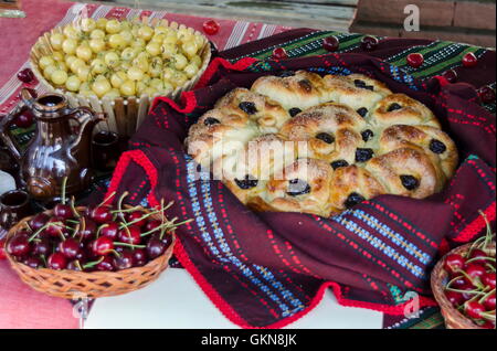 Feast of cherry fruit in the Kyustendil, presentment out their production raw fruit, tart and jam, Bulgaria