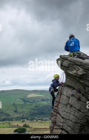 Climbing at Windgather Rocks in the Peak District, UK Stock Photo