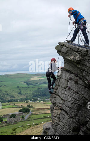 Climbing at Windgather Rocks in the Peak District, UK Stock Photo