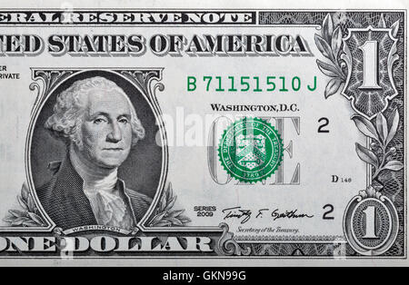 Portrait of the US President George Washington on one dollar banknote bill, front side obverse. Stock Photo