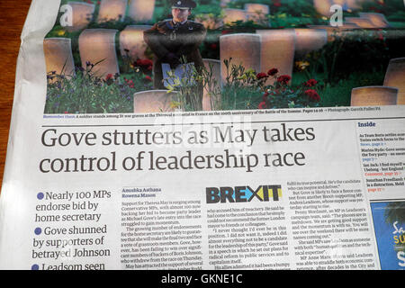 Guardian newspaper front page headline  'Gove stutters as May takes control of leadership race' after Brexit vote UK 2 July 2016 Stock Photo