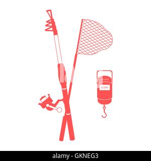 Stylized icon set of different tools for fishing on a white background Stock Vector