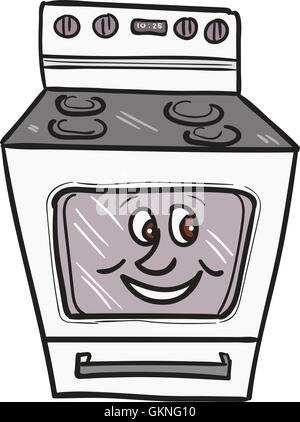 Illustration of an oven with smiley face viewed from front set on isolated white background done in cartoon style. Stock Vector