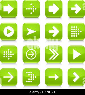 16 arrow icon set 01. White sign on green rounded square button with gray reflection, black shadow on white background. Glossy s Stock Vector