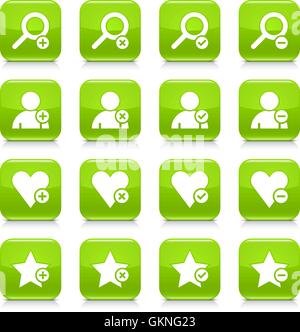 16 additional icon set 07. White sign on green rounded square button with gray reflection, black shadow on white background. Glo Stock Vector