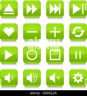 16 media control icon set 06. White sign on green rounded square button with gray reflection, black shadow on white background. Stock Vector