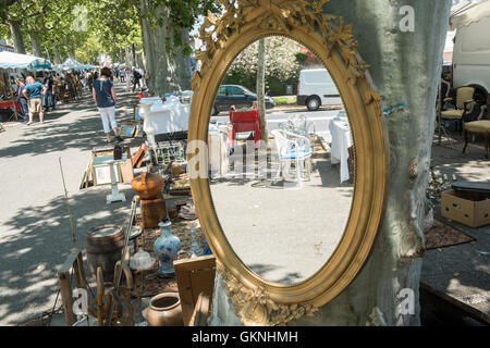 Antique,car boot,bric a brac,items for sale at  local antique brocant outdoors market in centre of Limoux,South of France. Stock Photo