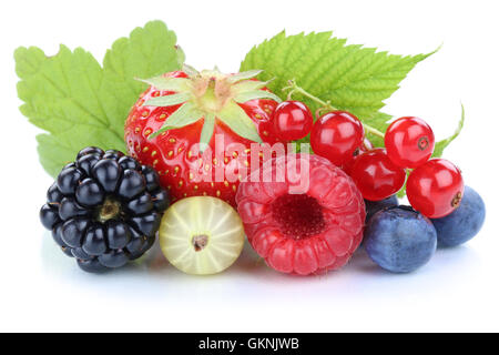 Berries strawberries blueberries red currant berry fresh fruits leaves isolated on a white background Stock Photo